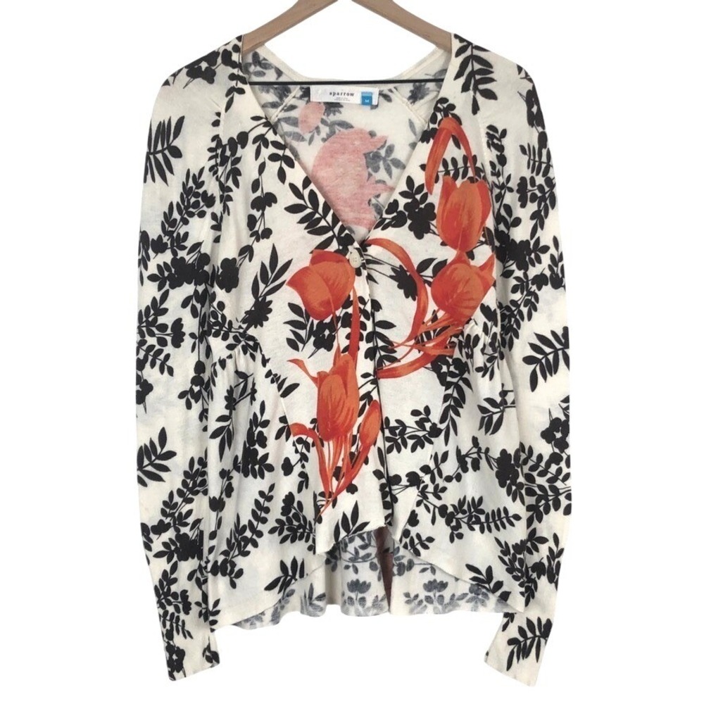 SPARROW Anthropologie Cotton Blend Floral Cardigan Sweater‎ Sz M Orange Tulip